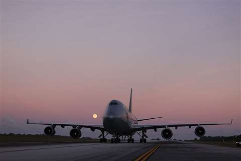 A Boeing 747-400 aircraft taxies at Tinian International Airport