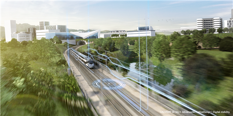 Digital render of a modern train running on a new line through city and green spaces