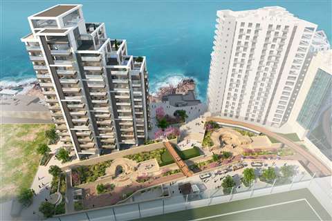 LOM design Image: Aerial view of new residential tower and Garden Battery in Tigné Point in Malta