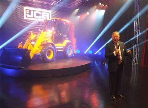JCB chairman Lord Bamford at the launch of the 3CX Compact backhoe loader.