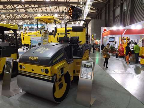 Bomag's 4.3 tonne BW138 AD-5 tandem vibratory roller on show at Bauma China.