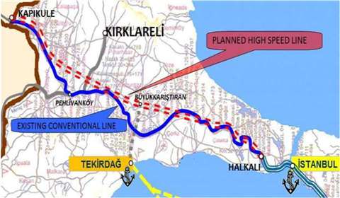 Map showing new rail line will run from Halkali station in Instabul to the Kapikule border crossing in Edirne Province