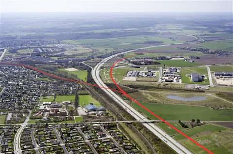 The red line shows where the planned high-speed rail route will form a new interchange at the site o