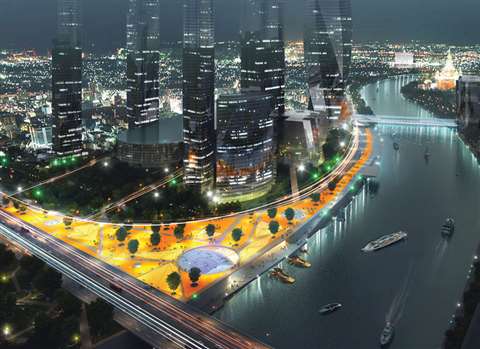 A computer generated image of Project Meganom in Moscow that will regenerate the riverside area 